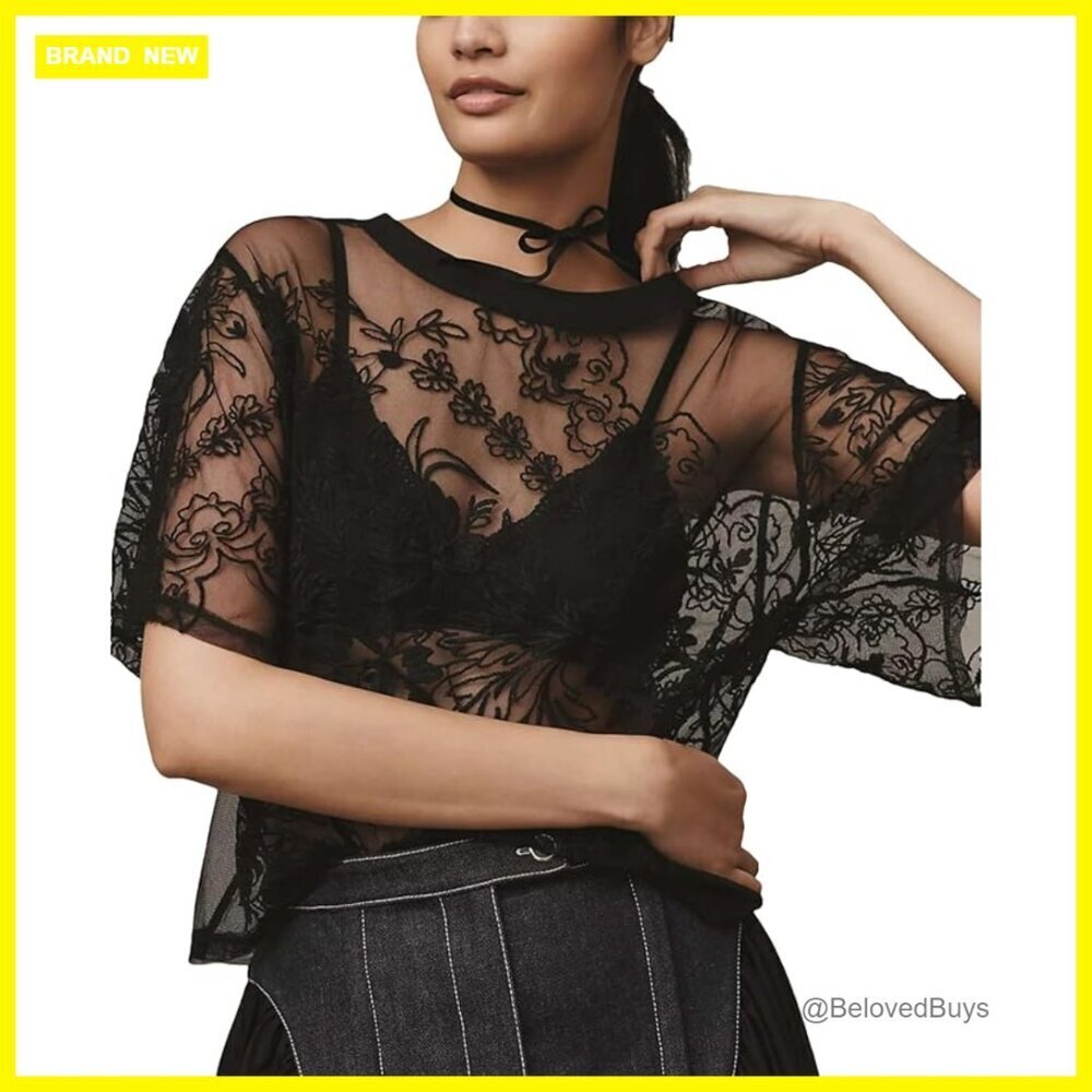 Sheer Lace Blouse 3D Floral Mesh Top Loose Fit Short Sleeve Layering